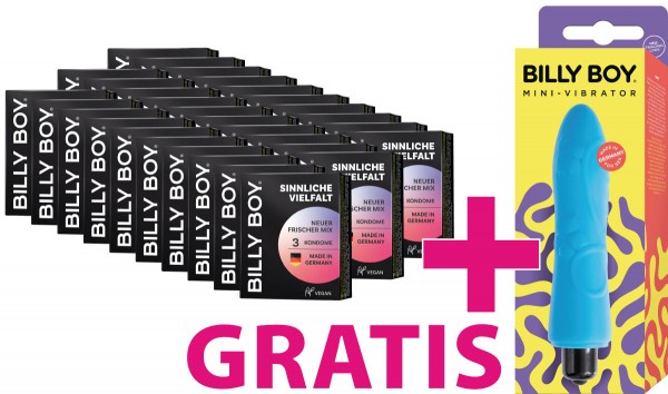 Billy Boy SINNLICHE VIELFALT 30x 3er - Kondom + Billy Boy Vibrator Mini - 1er GRATIS